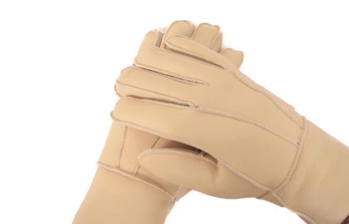 Ladies Cream Beige Leather Merino Shearling Sheepskin Luxury Gloves A