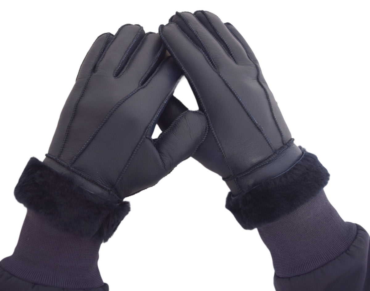 Ladies Navy Leather Merino Shearling Sheepskin Luxury Gloves A to Z Leather