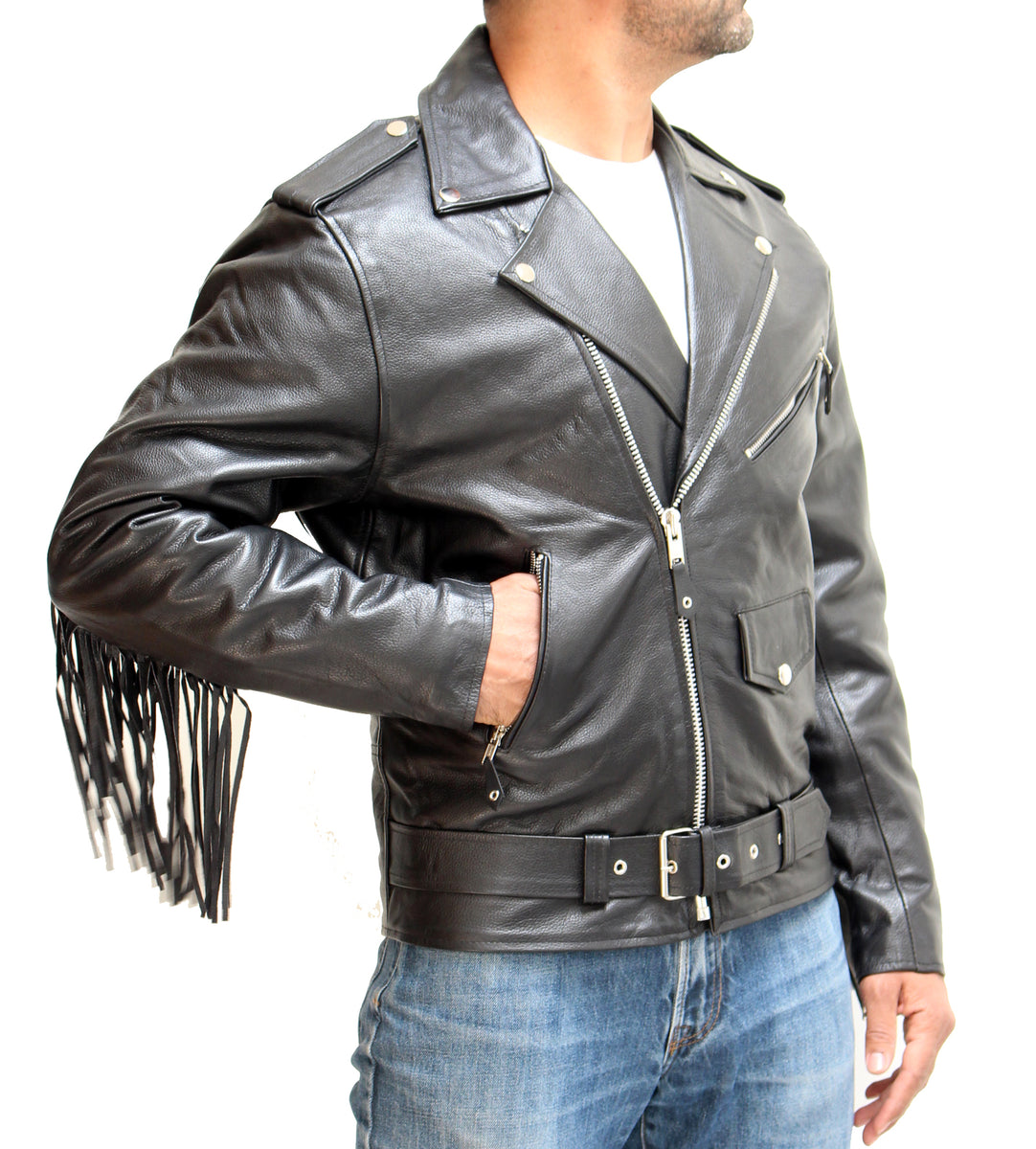Men s Black Leather Fringe Trim Brando Biker Jacket Thriller A