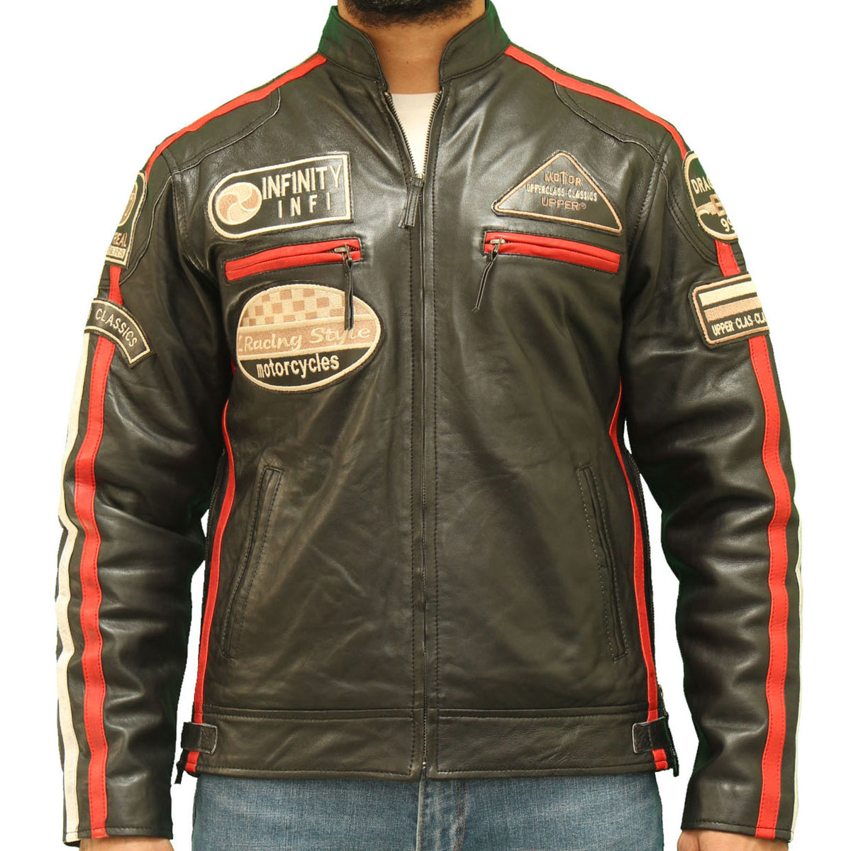 Men's Racing Striped Biker Leather Jacket - Johnson – A to Z Leather
