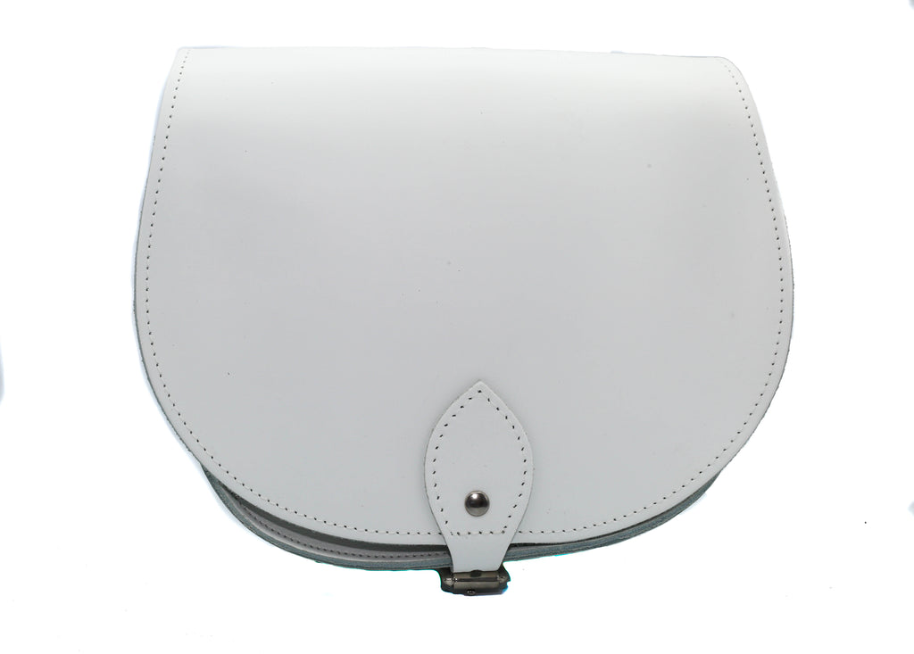 White Leather handmade saddle cross body handbag with adjustable belt buckle shoulder strap, made in London. Visit out customise section to choose your own colours and have a bespoke custom saddle bag made for you. A to Z Leather LTD