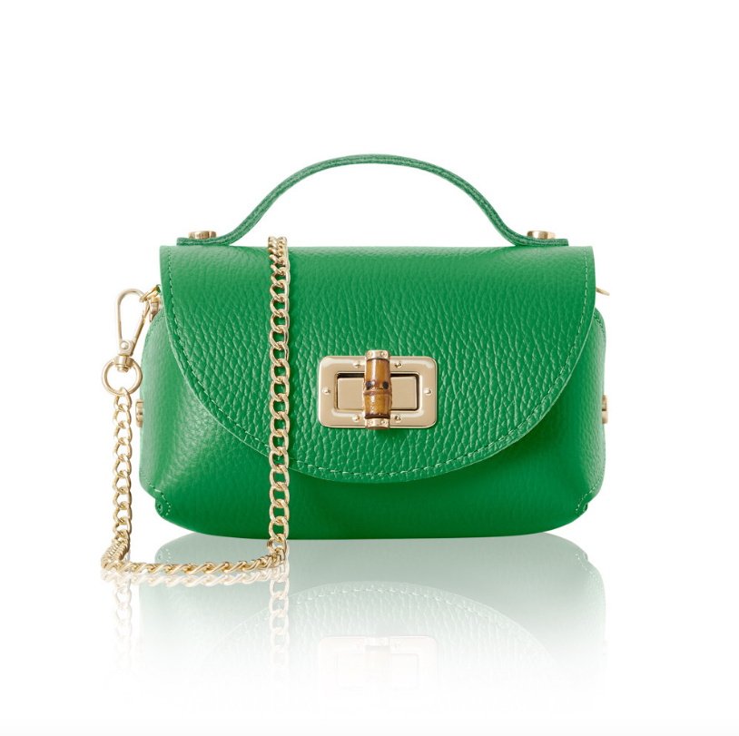 A small, structured Green leather handbag with a textured finish, featuring a gold turn-lock closure on the front flap, a short top handle, and a detachable gold chain shoulder strap. 