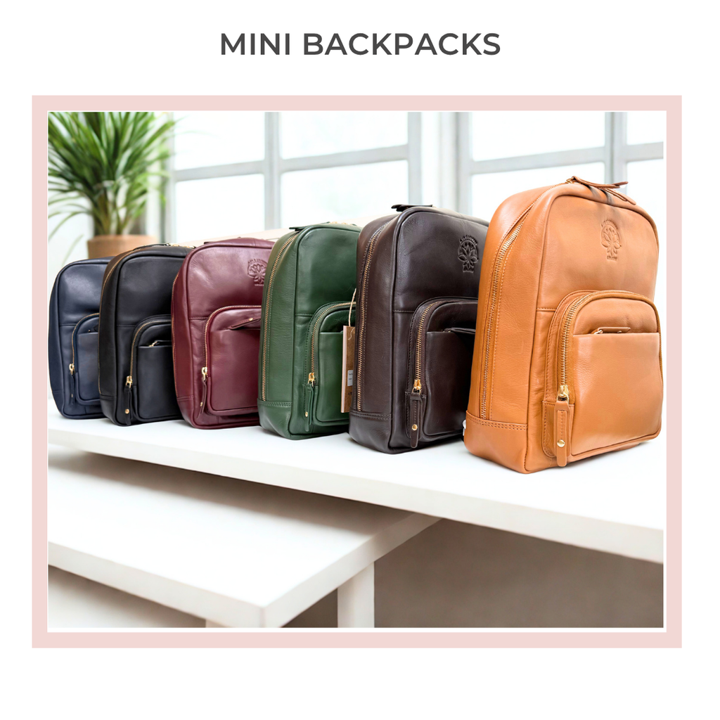A collage of our Mini backpacks in 6 colours, Navy, Black, Burgundy, Olive Green, Dark Brown and Tan
