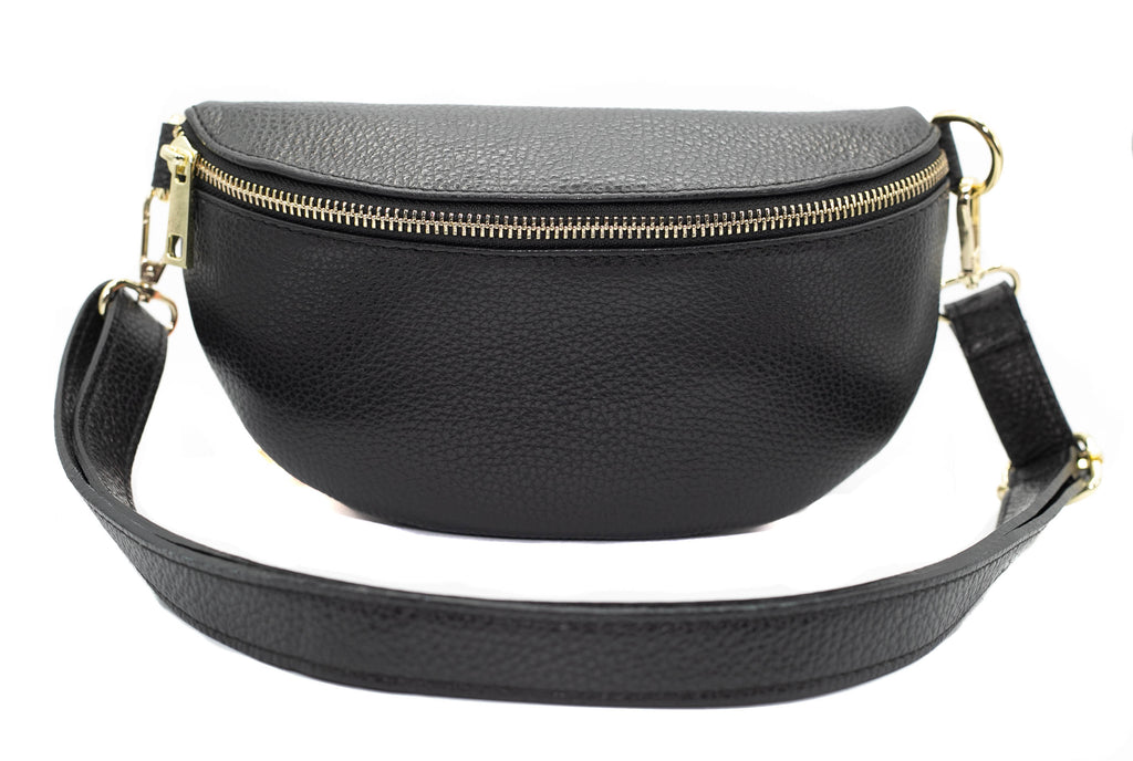 Small Black Leather Bum Bag / Fanny Pack with gold zip fastening and adjustable strap.