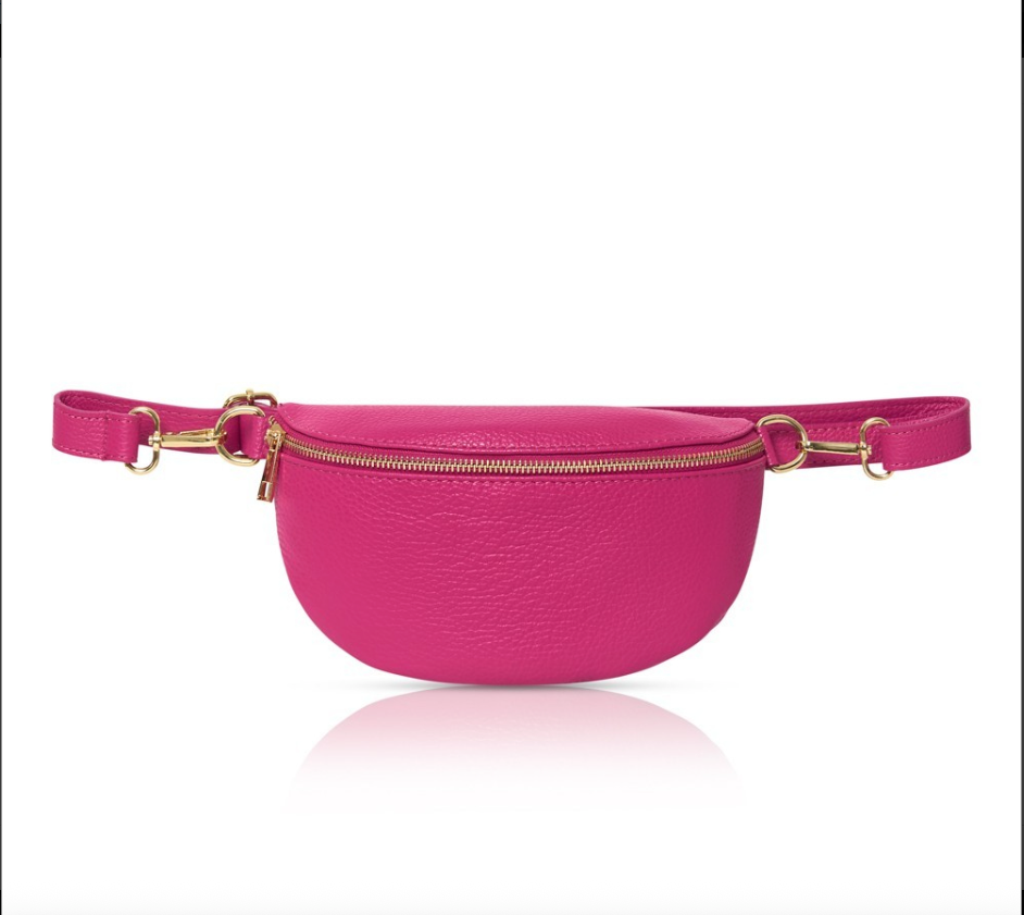 Small Fuchsia Leather Bum Bag / Fanny Pack with gold zip fastening and adjustable strap.