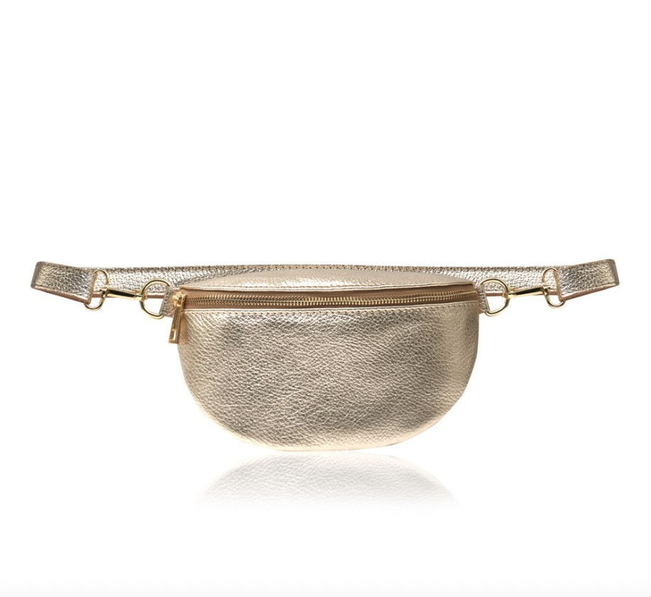 Small Gold Leather Bum Bag / Fanny Pack with gold zip fastening and adjustable strap.