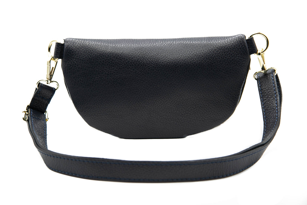 Small Navy Leather Bum Bag / Fanny Pack with gold zip fastening and adjustable strap.