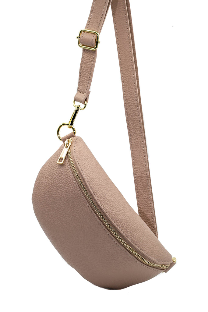 Small Smoke Rose Leather Bum Bag / Fanny Pack with gold zip fastening and adjustable strap.