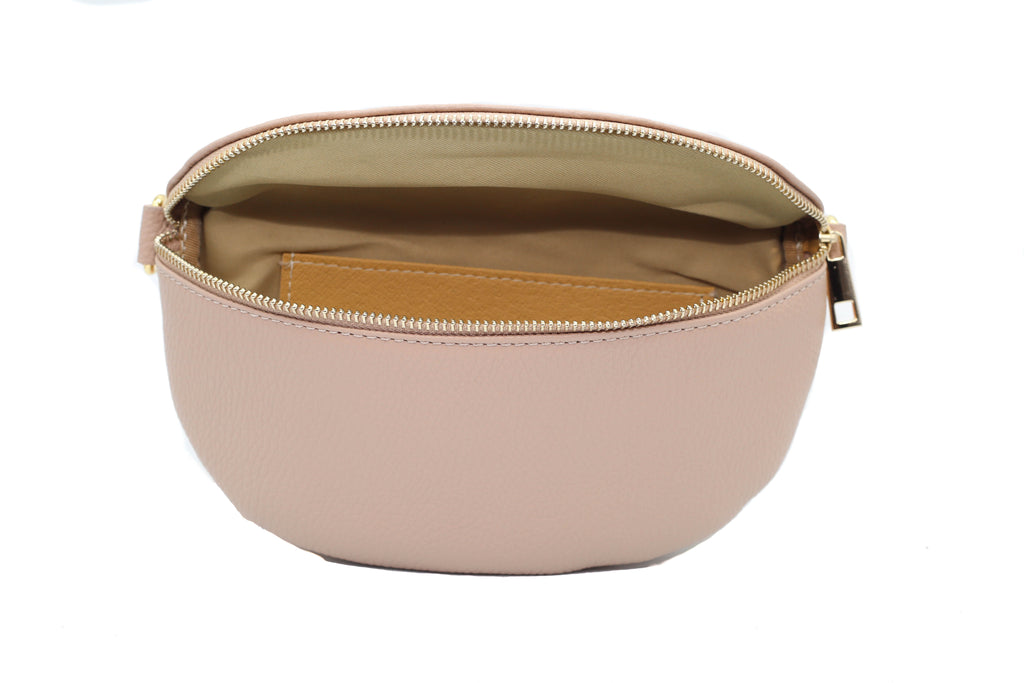 Small Smoke Rose Leather Bum Bag / Fanny Pack with gold zip fastening and adjustable strap.