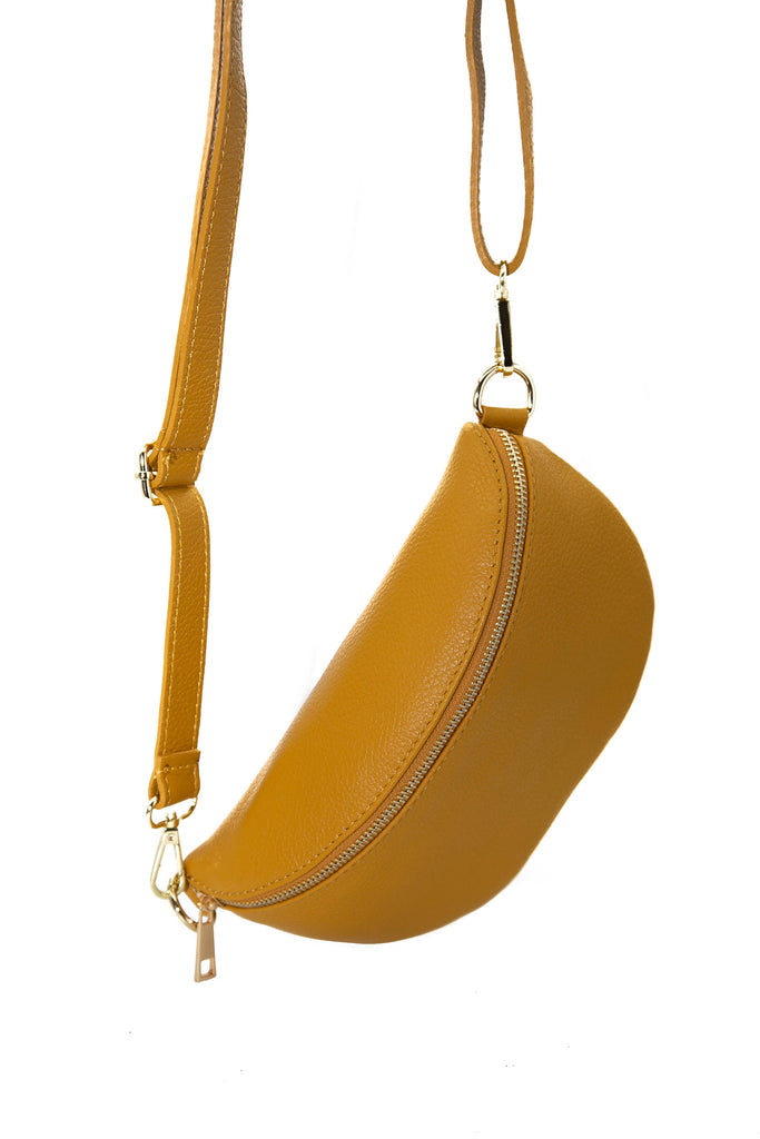 Small Yellow Leather Bum Bag / Fanny Pack with gold zip fastening and adjustable strap.