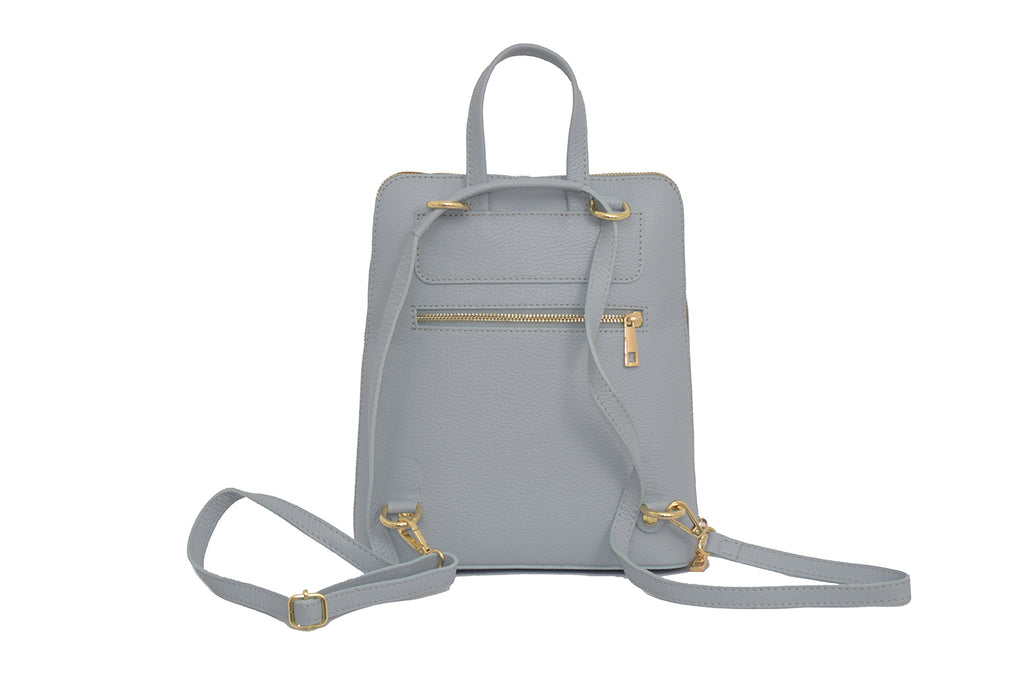 Baby Blue 3 in 1 grainy leather backpack and cross body daypack with three external zip compartments, two are front facing with one on the back, and one internal zip pocket. This backpack can be turned into a cross body bag or handbag, the straps are adjustable