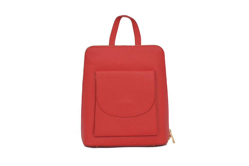Red 3 in 1 grainy leather backpack and cross body daypack with three external zip compartments, two are front facing with one on the back, and one internal zip pocket. This backpack can be turned into a cross body bag or handbag, the straps are adjustable