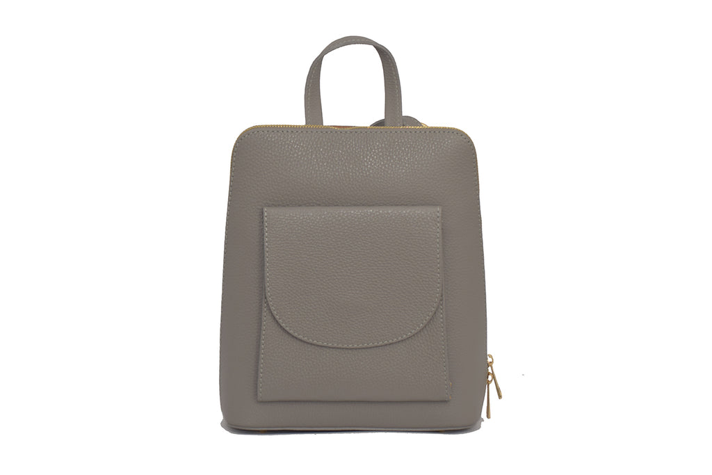 Light Grey 3 in 1 grainy leather backpack and cross body daypack with three external zip compartments, two are front facing with one on the back, and one internal zip pocket. This backpack can be turned into a cross body bag or handbag, the straps are adjustable