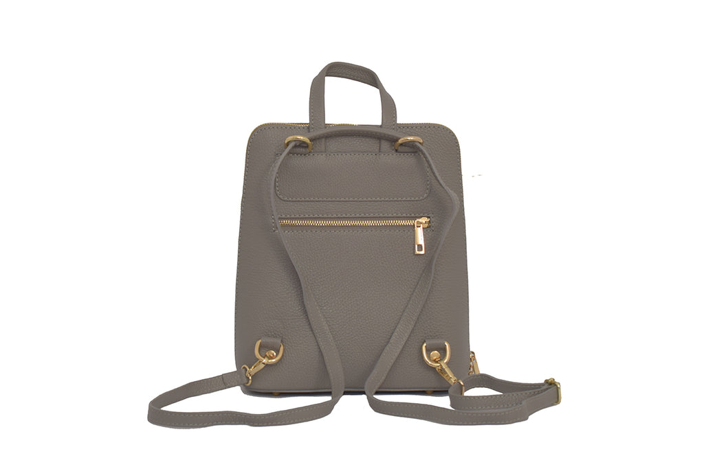 Light Grey 3 in 1 grainy leather backpack and cross body daypack with three external zip compartments, two are front facing with one on the back, and one internal zip pocket. This backpack can be turned into a cross body bag or handbag, the straps are adjustable