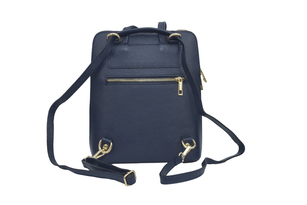 Navy Blue 3 in 1 grainy leather backpack and cross body daypack with three external zip compartments, two are front facing with one on the back, and one internal zip pocket. This backpack can be turned into a cross body bag or handbag, the straps are adjustable
