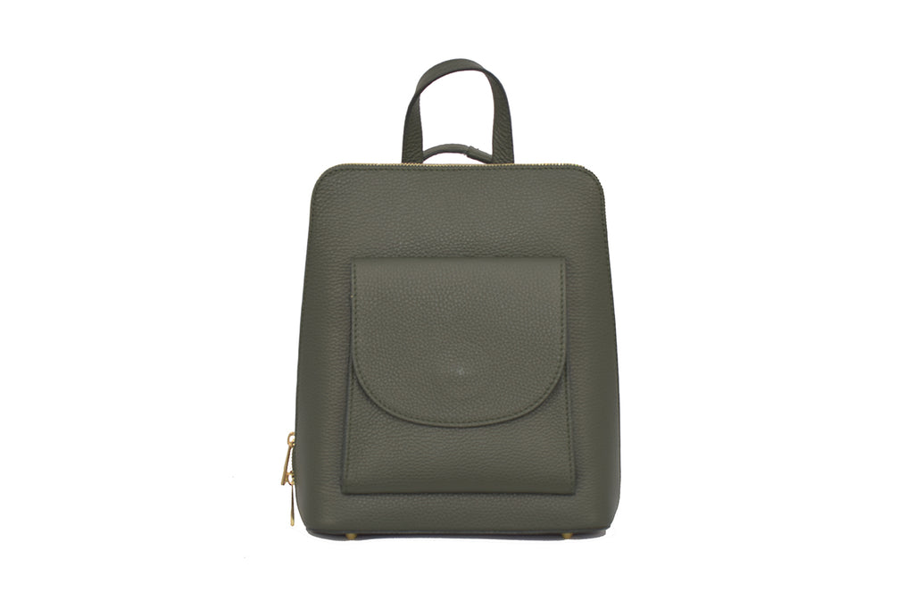 Olive Green 3 in 1 grainy leather backpack and cross body daypack with three external zip compartments, two are front facing with one on the back, and one internal zip pocket. This backpack can be turned into a cross body bag or handbag, the straps are adjustable