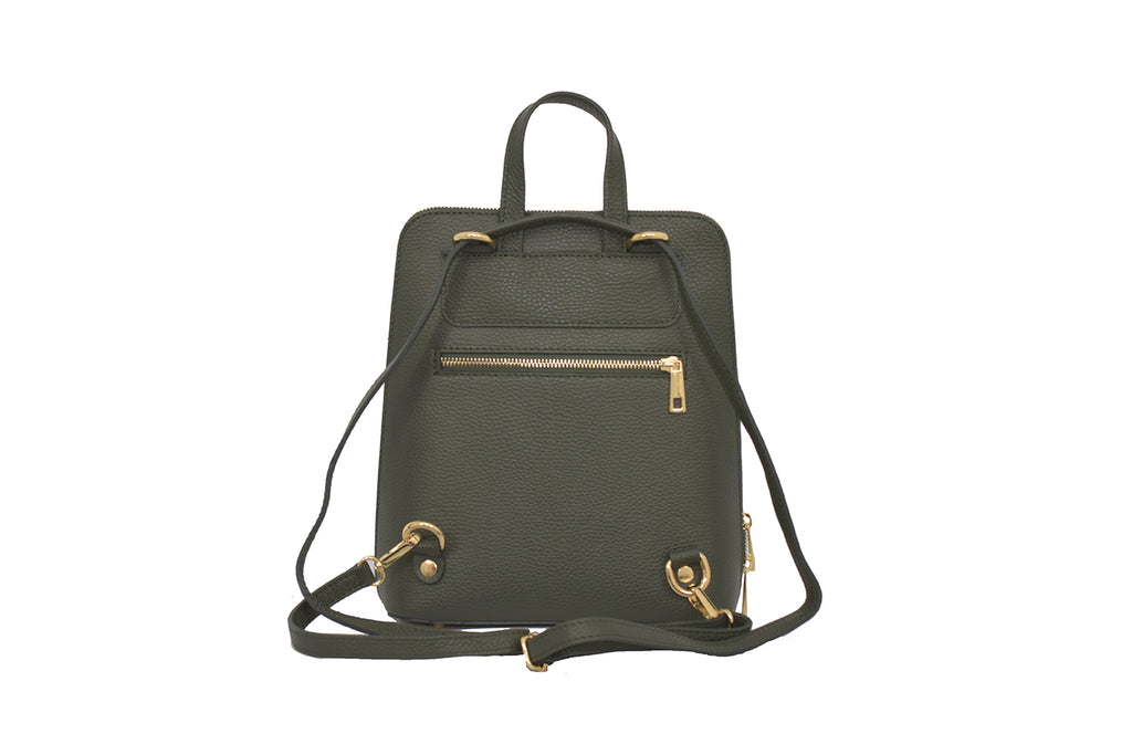 Olive Green 3 in 1 grainy leather backpack and cross body daypack with three external zip compartments, two are front facing with one on the back, and one internal zip pocket. This backpack can be turned into a cross body bag or handbag, the straps are adjustable