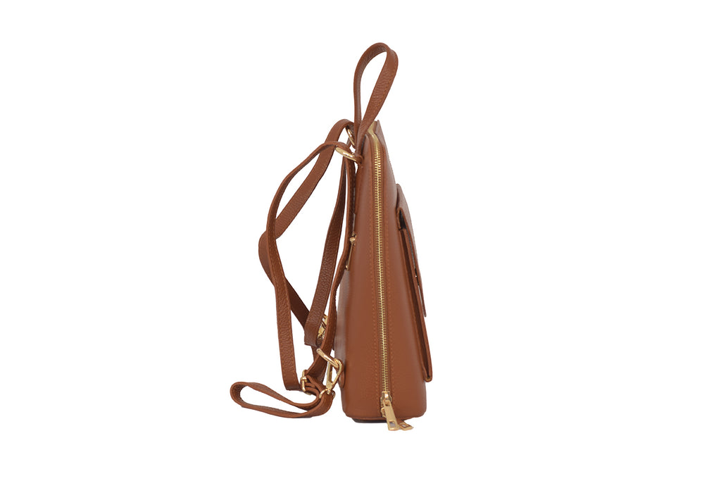 Tan Brown 3 in 1 grainy leather backpack and cross body daypack with three external zip compartments, two are front facing with one on the back, and one internal zip pocket. This backpack can be turned into a cross body bag or handbag, the straps are adjustable