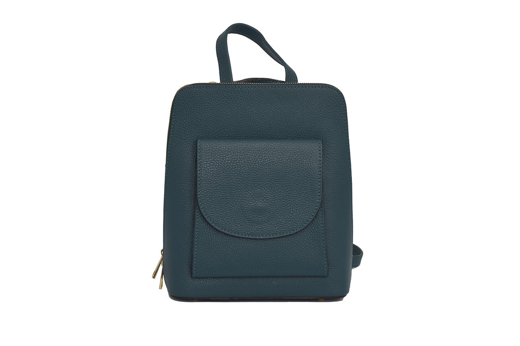 Teal 3 in 1 grainy leather backpack and cross body daypack with three external zip compartments, two are front facing with one on the back, and one internal zip pocket. This backpack can be turned into a cross body bag or handbag, the straps are adjustable