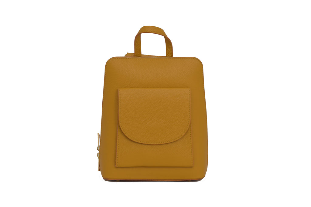Yellow 3 in 1 grainy leather backpack and cross body daypack with three external zip compartments, two are front facing with one on the back, and one internal zip pocket. This backpack can be turned into a cross body bag or handbag, the straps are adjustable