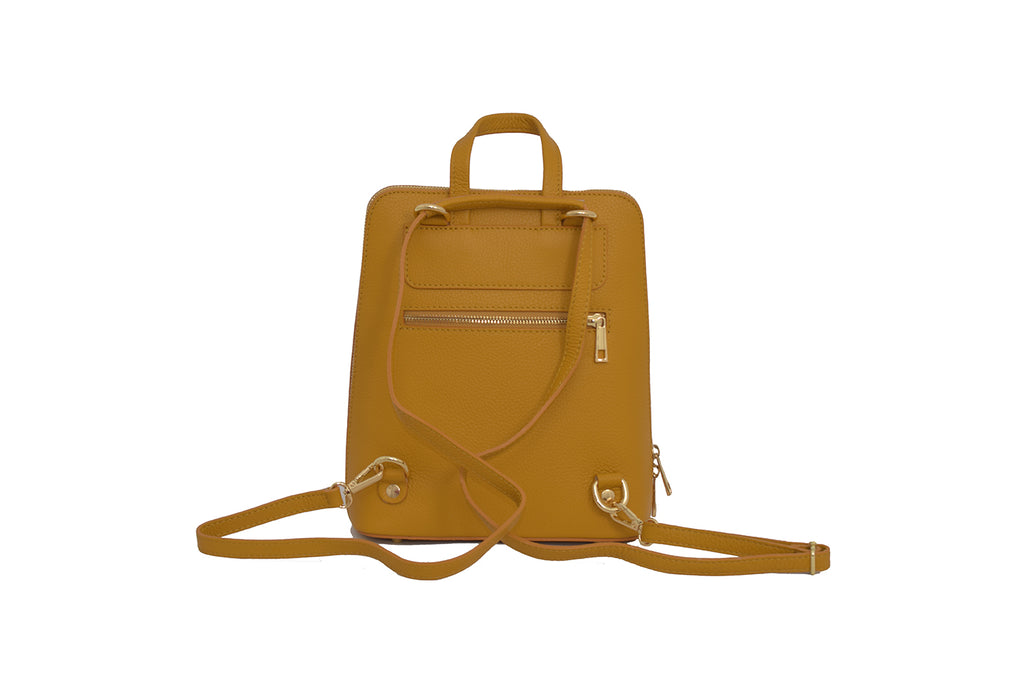 Yellow 3 in 1 grainy leather backpack and cross body daypack with three external zip compartments, two are front facing with one on the back, and one internal zip pocket. This backpack can be turned into a cross body bag or handbag, the straps are adjustable