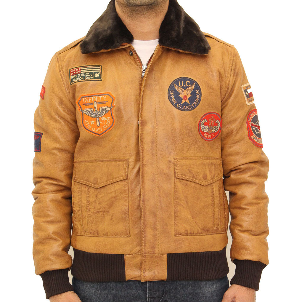 Mens Real Leather Black Bomber Badge Air Force Pilot Flying Jacket-Black:  Buy Online - Happy Gentleman