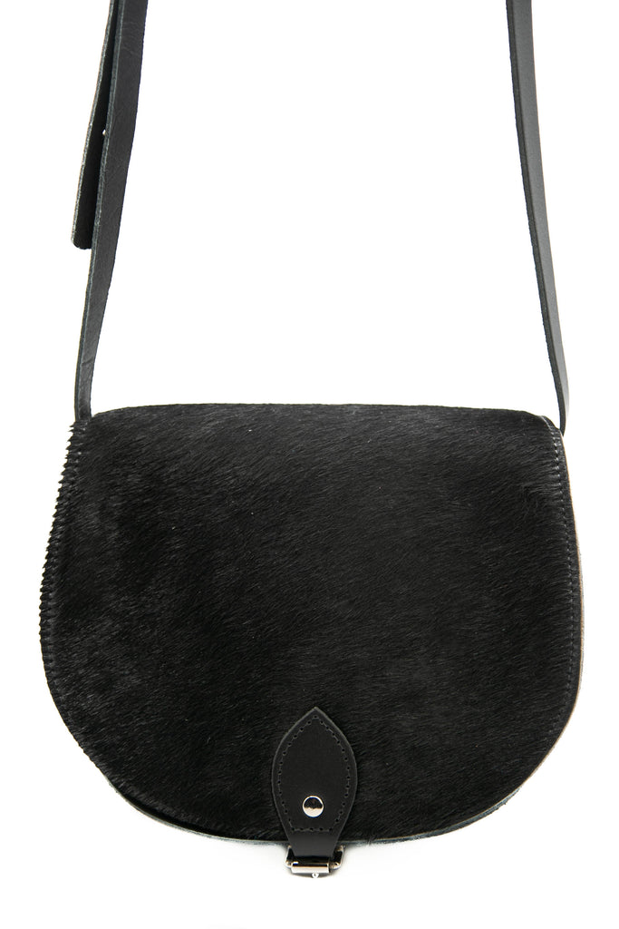 Black  cowhide hair Leather handmade saddle cross body handbag with adjustable belt buckle shoulder strap, made in London - A to Z Leather LTD