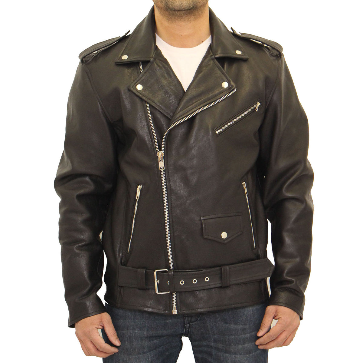 Mens Dual Cross Zip Leather Biker Jacket Black | House of Leather