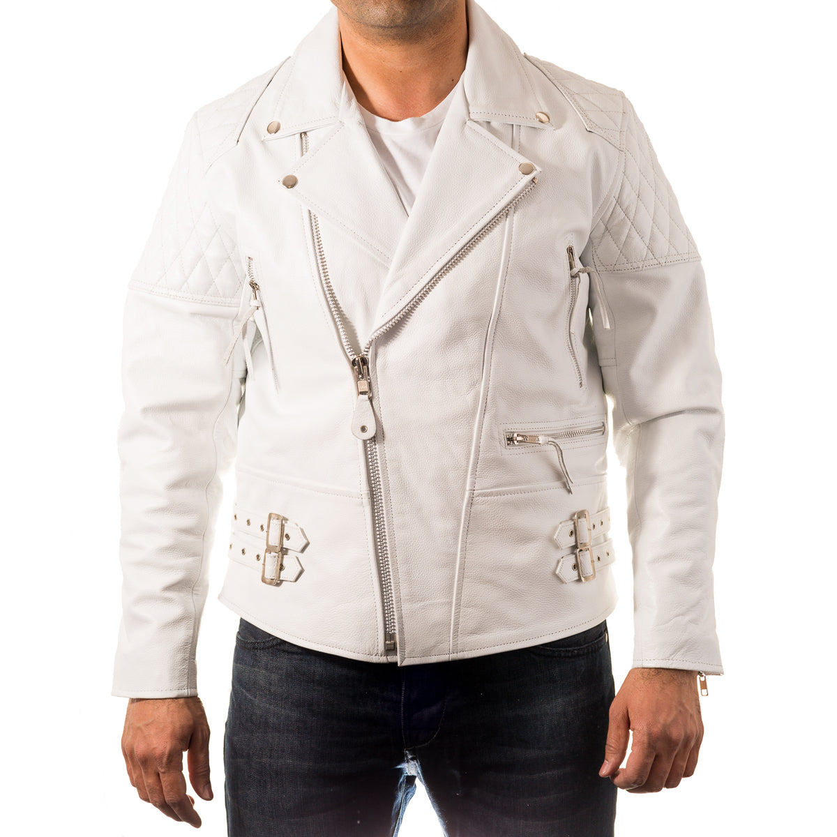 Mens white sales leather jacket