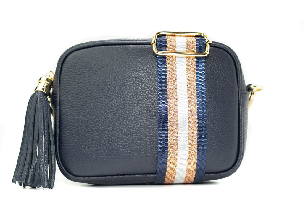 Navy Leather, Striped Gold