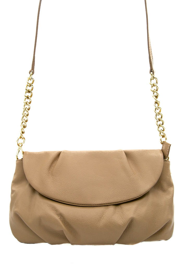 Beige Leather Sophisticated supple day or evening clutch handbag with a leather and chain adjustable detachable strap