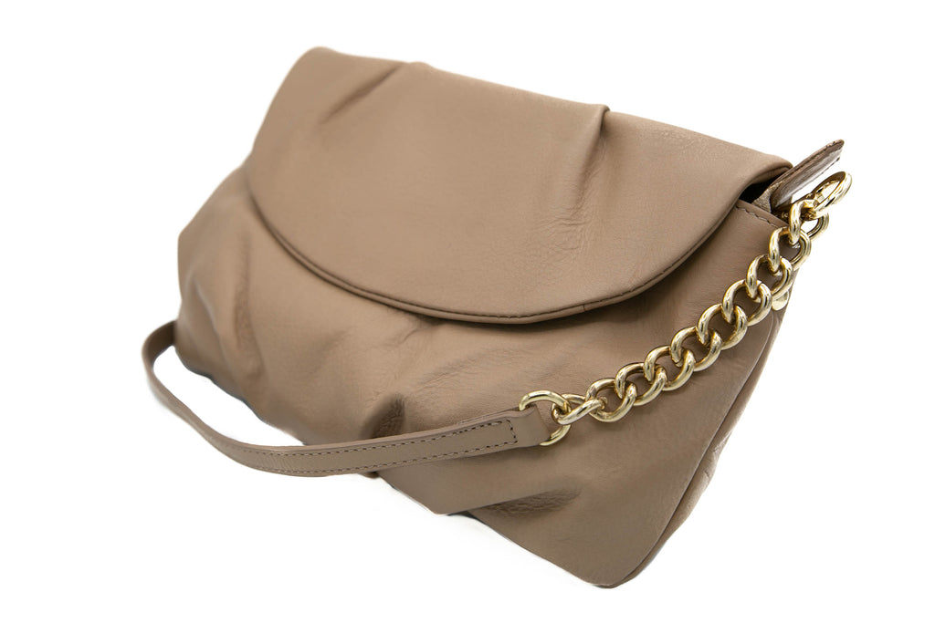 Beige Leather Sophisticated supple day or evening clutch handbag with a leather and chain adjustable detachable strap