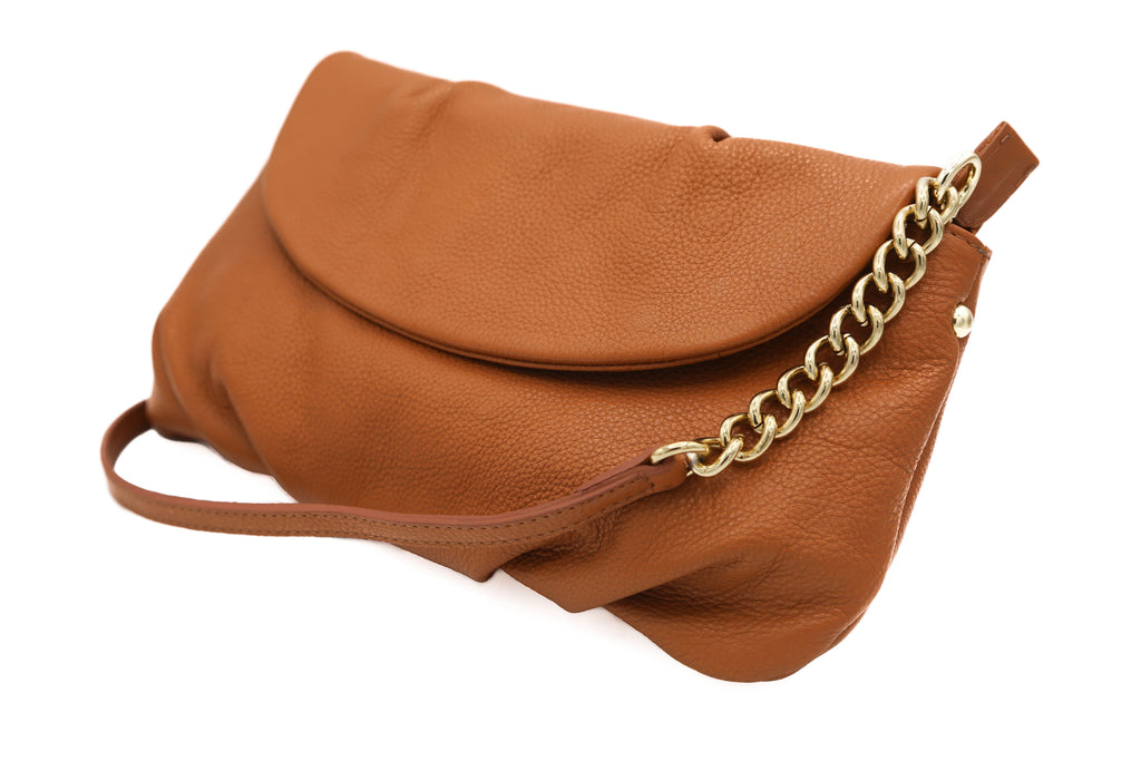 Tan Leather Cross body clutch - a Sophisticated supple day or evening clutch handbags.  These clutch handbags are soft to hold and stylish with a leather and chain adjustable strap.  A great addition for a light travel bag which can be used both day or evening time.  An internal compartment and detachable strap.