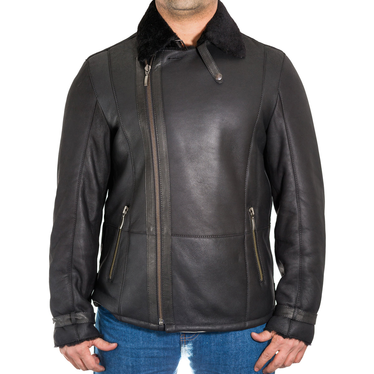 Mens sheepskin biker on sale jacket