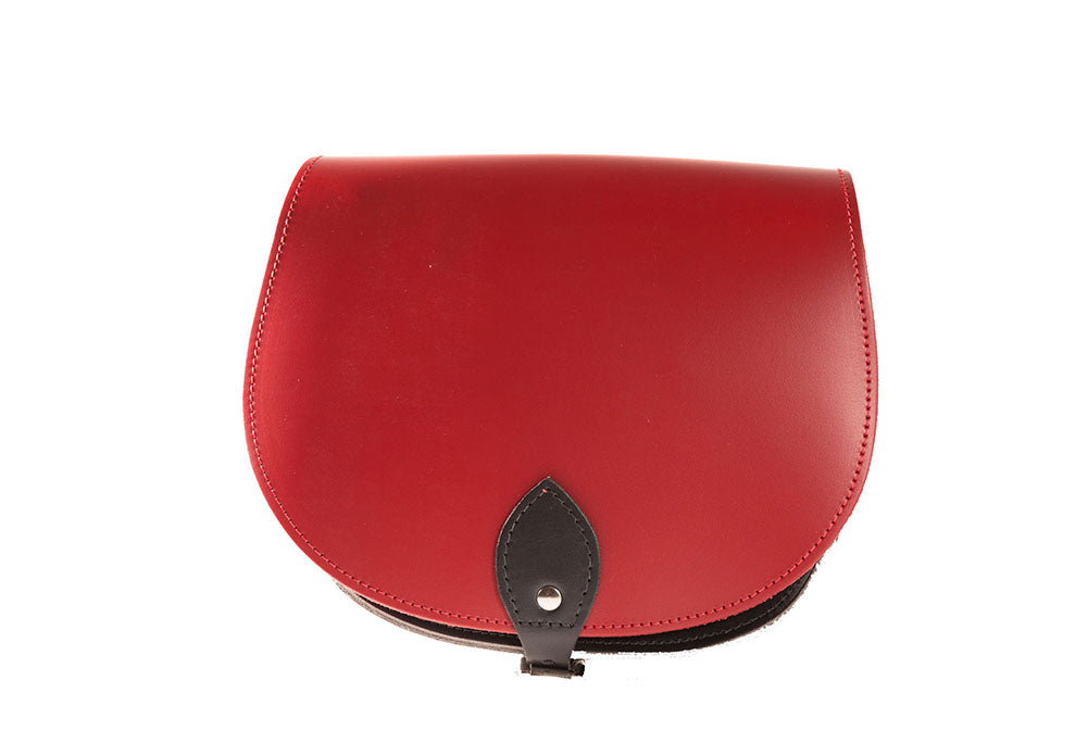 Red and Black Leather handmade saddle cross body handbag with adjustable belt buckle shoulder strap, made in London. Visit out customise section to choose your own colours and have a bespoke custom saddle bag made for you. A to Z Leather LTD