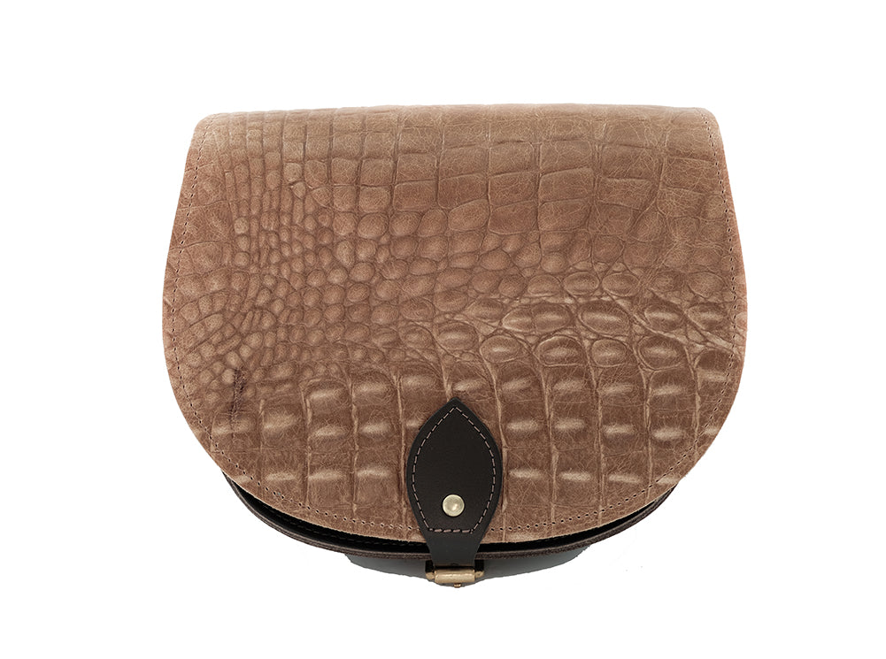 Brown Croc Patterned Leather handmade saddle cross body handbag with adjustable belt buckle shoulder strap, made in London. Visit out customise section to choose your own colours and have a bespoke custom saddle bag made for you. A to Z Leather LTD