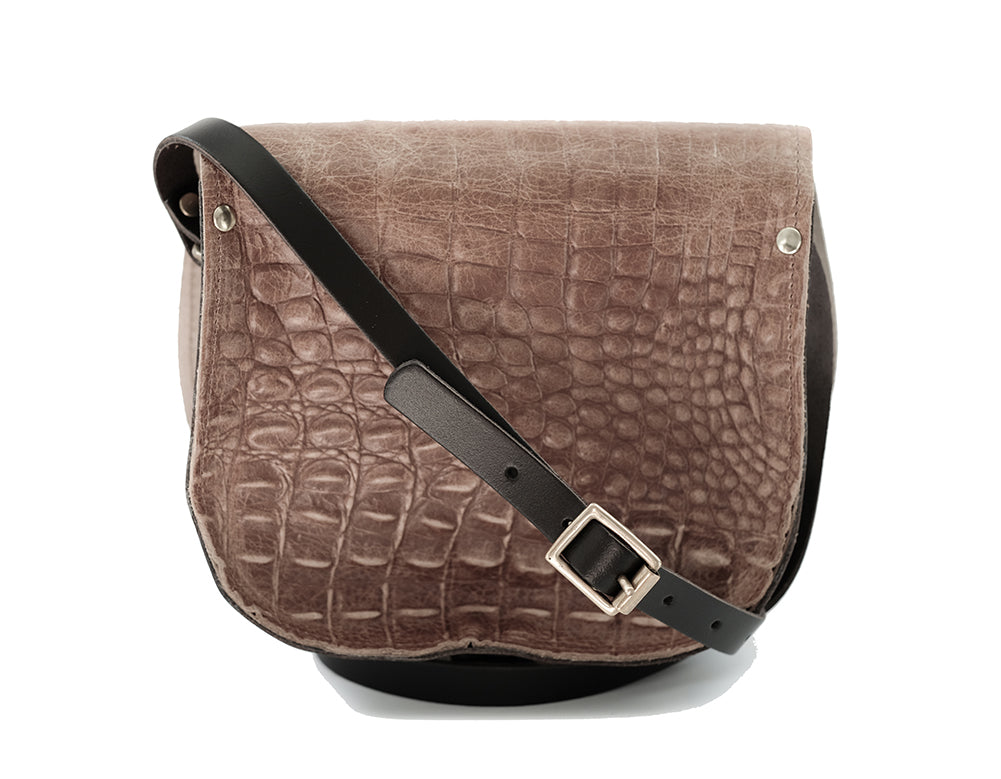 Brown Croc Patterned Leather handmade saddle cross body handbag with adjustable belt buckle shoulder strap, made in London. Visit out customise section to choose your own colours and have a bespoke custom saddle bag made for you. A to Z Leather LTD