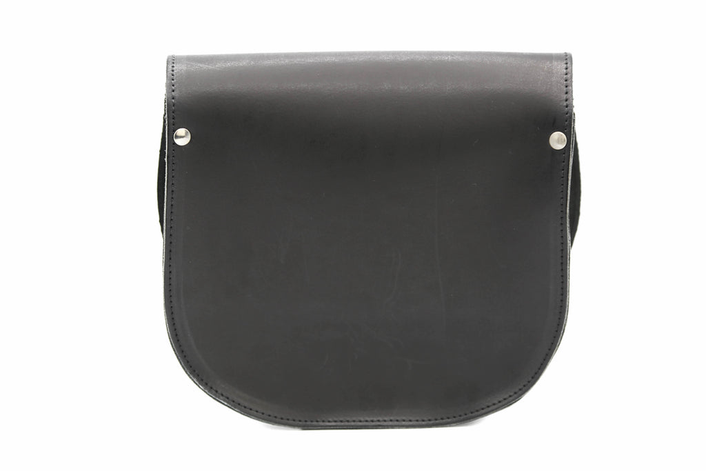 Matt Black Leather handmade saddle cross body handbag with adjustable belt buckle shoulder strap, made in London. Visit out customise section to choose your own colours and have a bespoke custom saddle bag made for you. A to Z Leather LTD