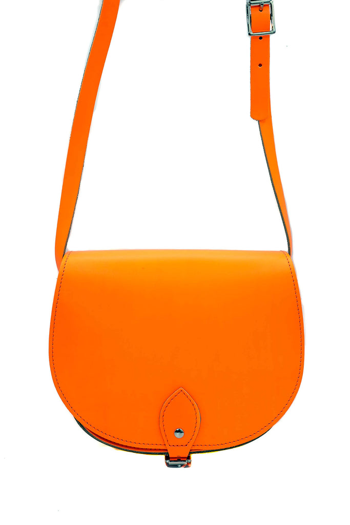 fluorescent neon orange Leather handmade saddle cross body handbag with adjustable belt buckle shoulder strap, made in London. Visit out customise section to choose your own colours and have a bespoke custom saddle bag made for you. A to Z Leather LTD