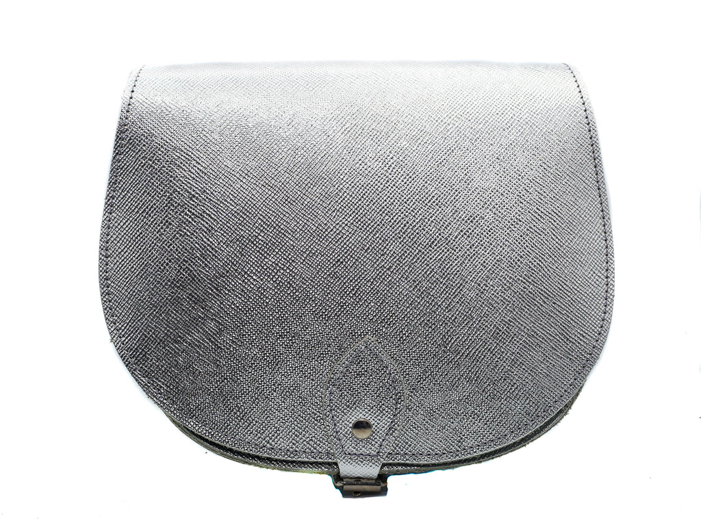 Silver metallic Leather handmade saddle cross body handbag with adjustable belt buckle shoulder strap, made in London. Visit out customise section to choose your own colours and have a bespoke custom saddle bag made for you. A to Z Leather LTD