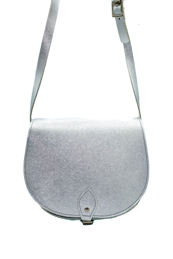 Silver metallic Leather handmade saddle cross body handbag with adjustable belt buckle shoulder strap, made in London. Visit out customise section to choose your own colours and have a bespoke custom saddle bag made for you. A to Z Leather LTD