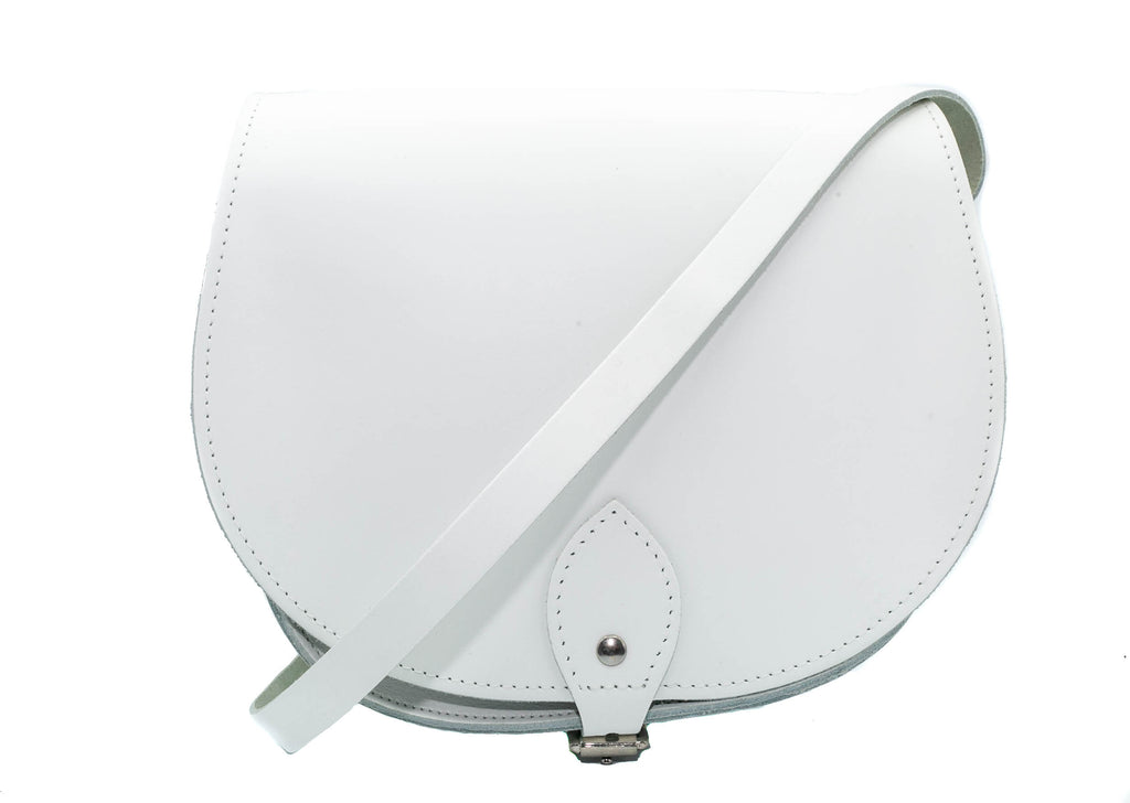 White Leather handmade saddle cross body handbag with adjustable belt buckle shoulder strap, made in London. Visit out customise section to choose your own colours and have a bespoke custom saddle bag made for you. A to Z Leather LTD