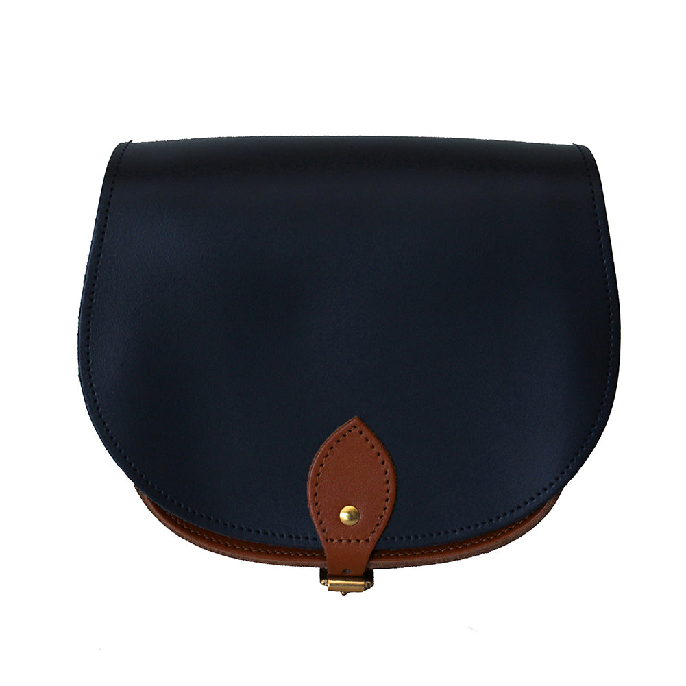 Navy Blue and Tan Leather handmade saddle cross body handbag with adjustable belt buckle shoulder strap, made in London. Visit out customise section to choose your own colours and have a bespoke custom saddle bag made for you. A to Z Leather LTD