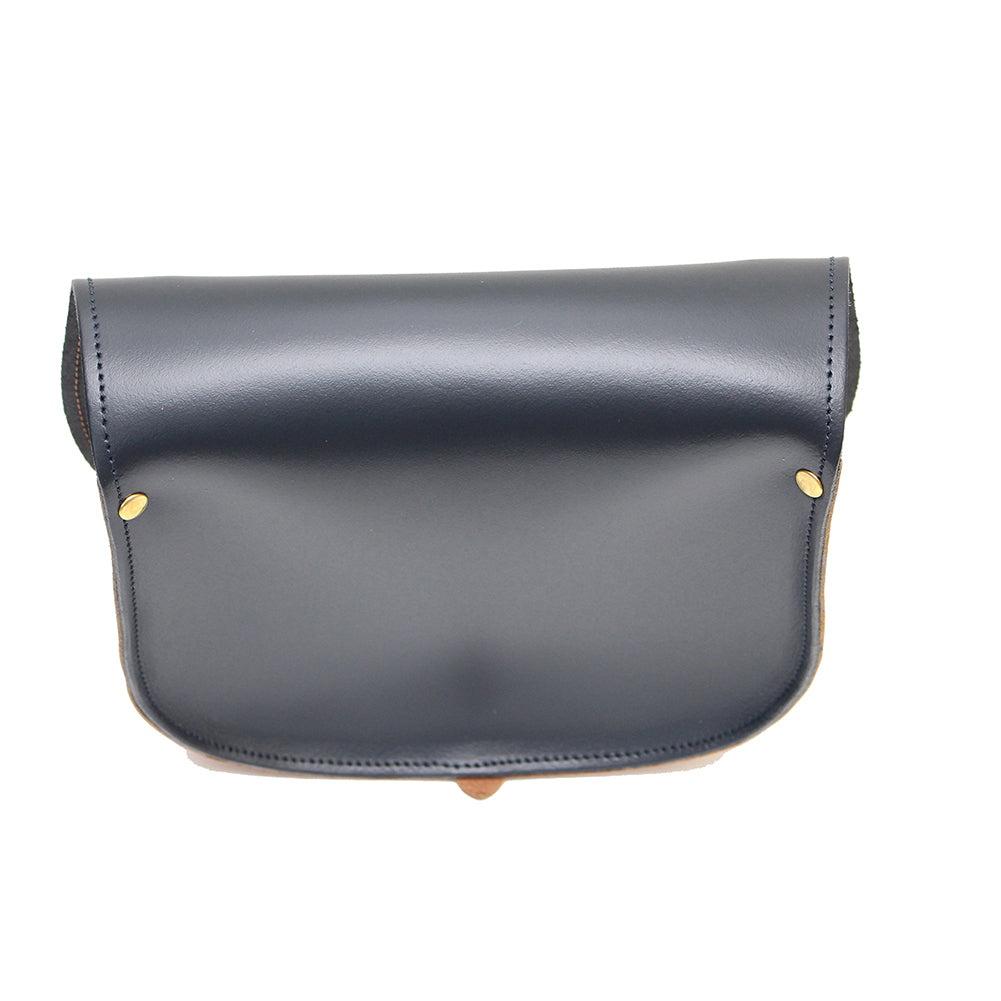 Navy Blue and Tan Leather handmade saddle cross body handbag with adjustable belt buckle shoulder strap, made in London. Visit out customise section to choose your own colours and have a bespoke custom saddle bag made for you. A to Z Leather LTD