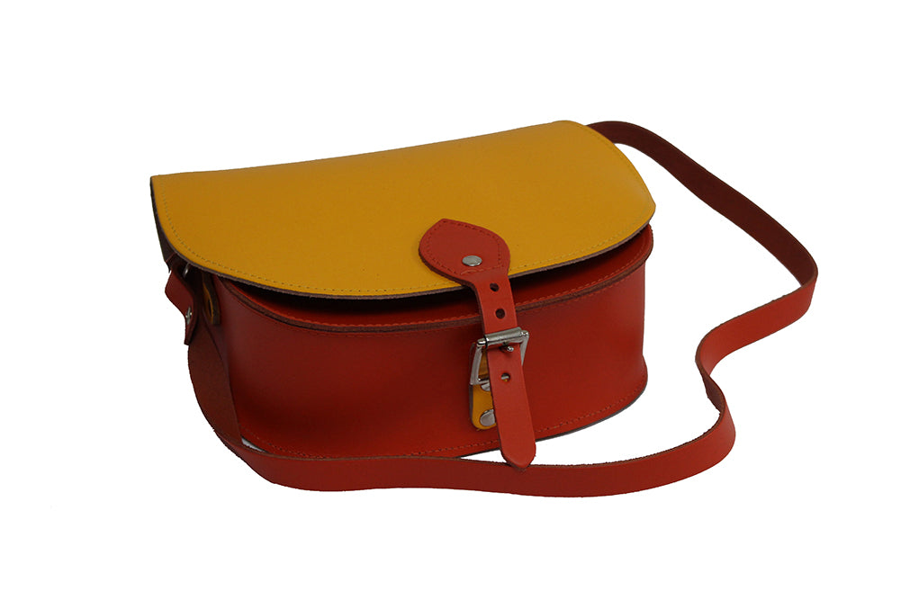Yellow and Orange Leather handmade saddle cross body handbag with adjustable belt buckle shoulder strap, made in London. Visit out customise section to choose your own colours and have a bespoke custom saddle bag made for you. A to Z Leather LTD