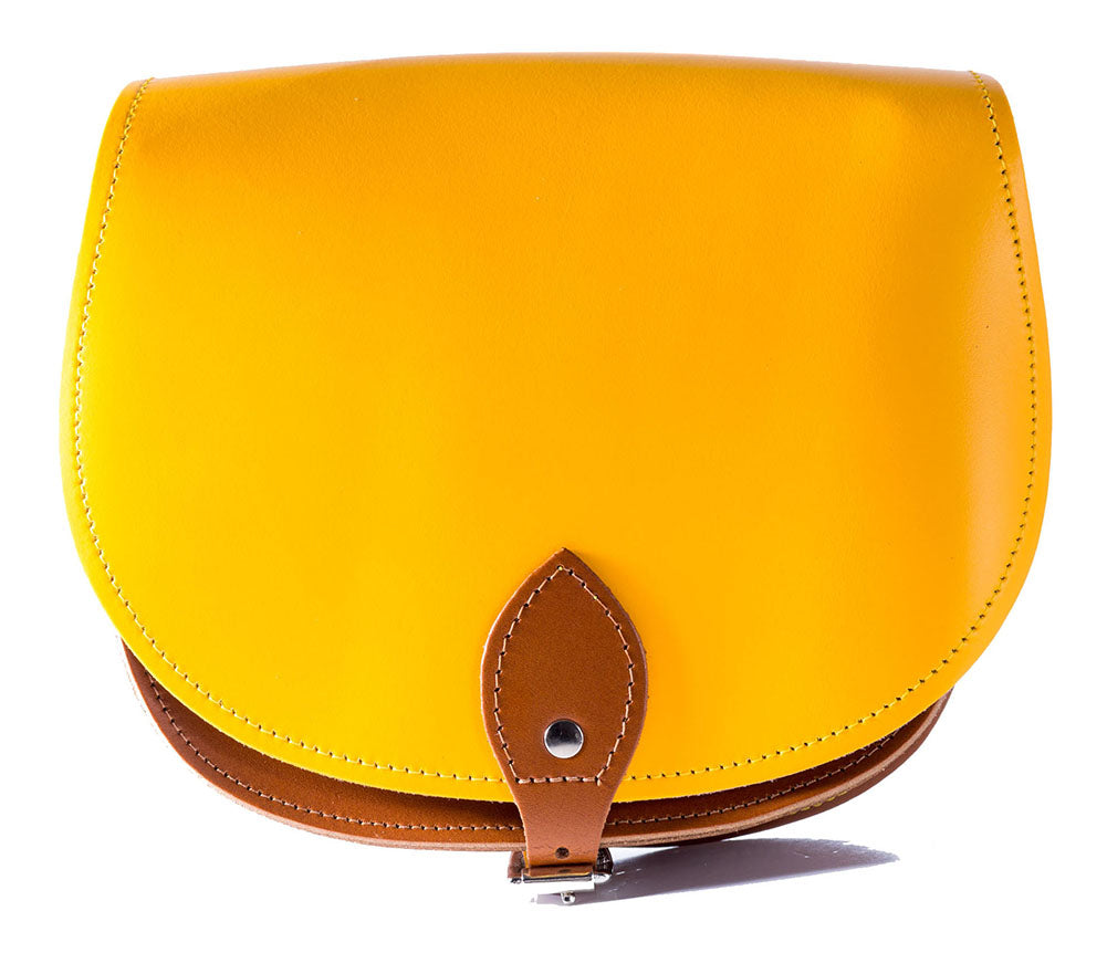 Yellow and Tan Leather handmade saddle cross body handbag with adjustable belt buckle shoulder strap, made in London. Visit out customise section to choose your own colours and have a bespoke custom saddle bag made for you. A to Z Leather LTD