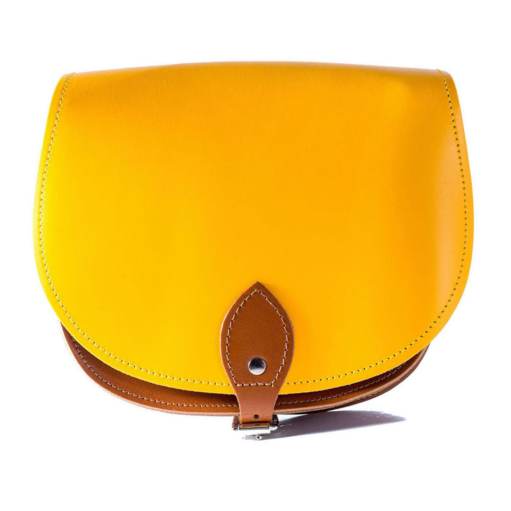 Yellow and Tan Leather handmade saddle cross body handbag with adjustable belt buckle shoulder strap, made in London. Visit out customise section to choose your own colours and have a bespoke custom saddle bag made for you. A to Z Leather LTD