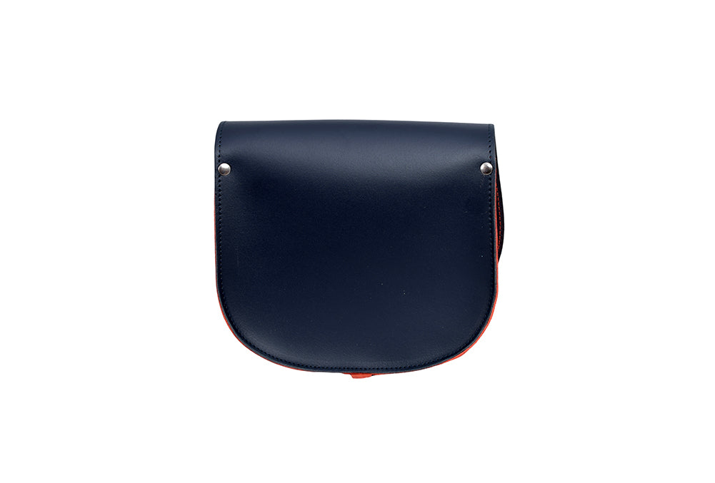 Navy and Orange Leather handmade saddle cross body handbag with adjustable belt buckle shoulder strap, made in London. Visit out customise section to choose your own colours and have a bespoke custom saddle bag made for you. A to Z Leather LTD