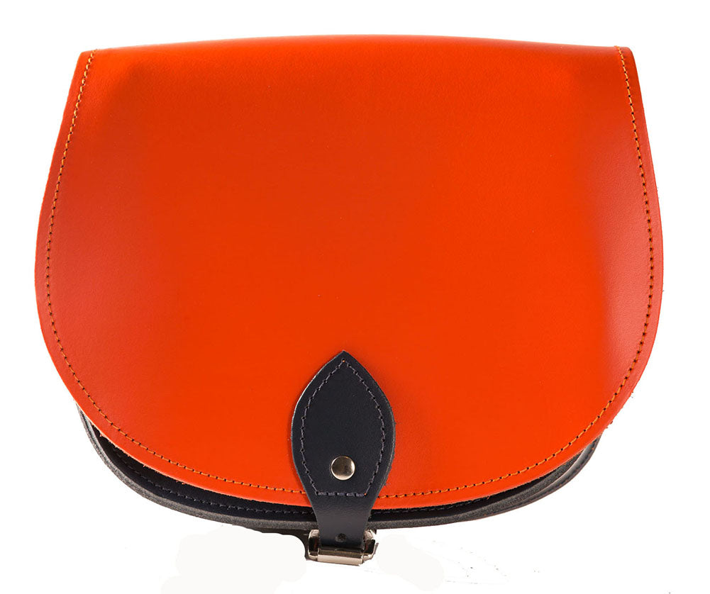 Orange and Black Leather handmade saddle cross body handbag with adjustable belt buckle shoulder strap, made in London. Visit out customise section to choose your own colours and have a bespoke custom saddle bag made for you. A to Z Leather LTD