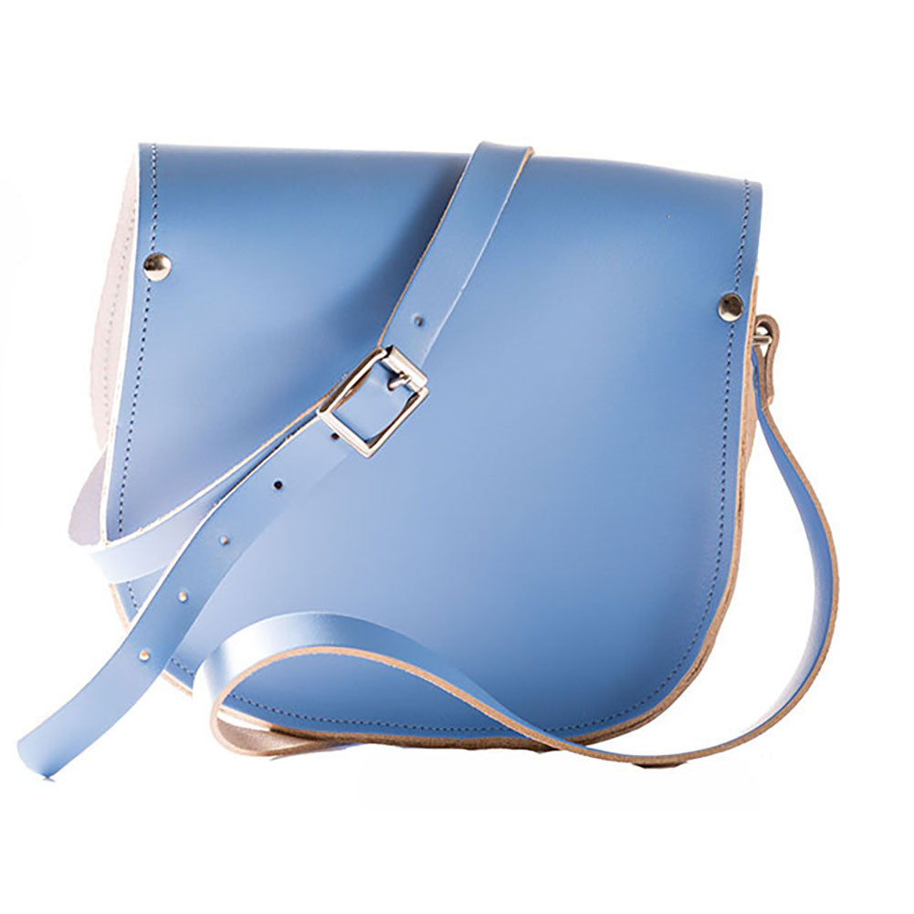 Bellflower Blue Leather handmade saddle cross body handbag with adjustable belt buckle shoulder strap, made in London. Visit out customise section to choose your own colours and have a bespoke custom saddle bag made for you. A to Z Leather LTD